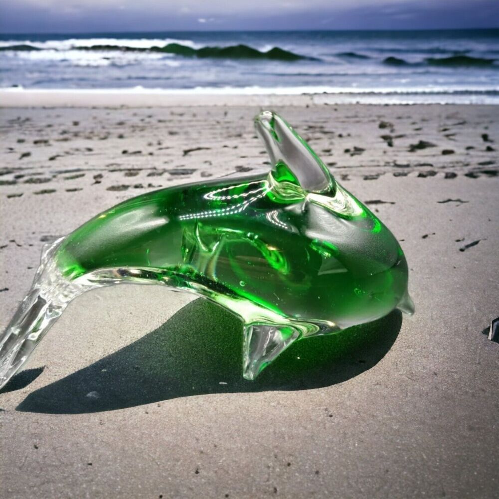 Glass Art Diving Dolphin Figurine Paperweight Green & Clear w/ Controlled Bubble